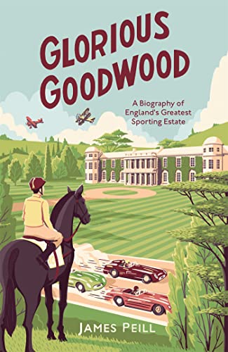 Book cover showing a rider on a horse overlooking a manor and racing cars.