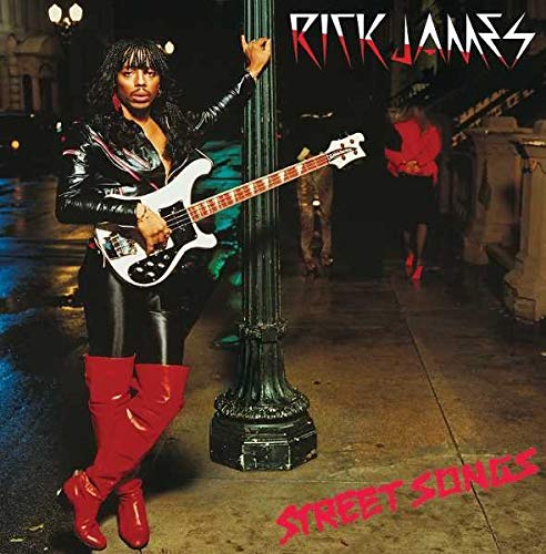 Rick James album cover, “Street Songs,” featuring artist with a bass guitar.