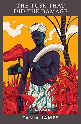 Book cover: dark-skinned man holding a tusk in a tropical landscape.