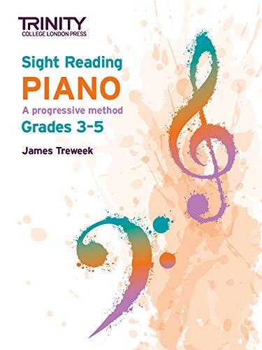 Trinity College London piano sight reading book, grades 3-5, with treble and bass clefs.