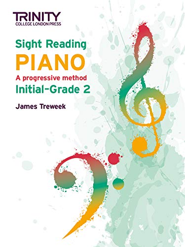 Trinity College London Sight Reading Piano book cover with treble and bass clef graphics.