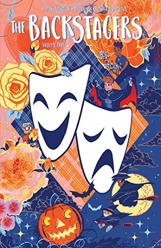 Comic book cover featuring comedy and tragedy masks, Halloween themes, and diverse characters.