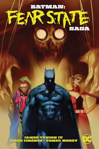 Batman, Scarecrow, and Harley Quinn on the cover of "Fear State Saga" graphic novel.