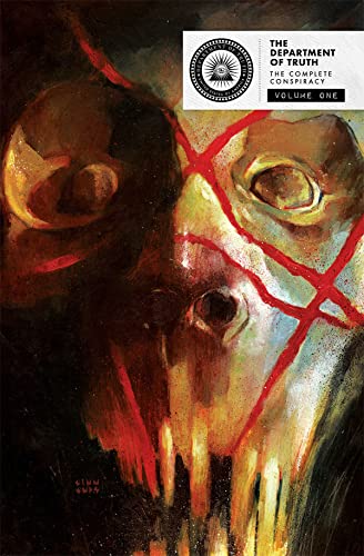 Comic book cover: a face with red lines over eyes, dark tones.