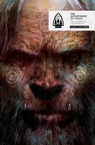 Close-up of a monstrous face with glowing eyes, book cover art.
