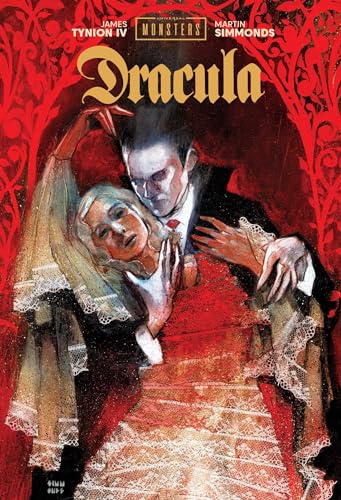 Dracula embracing a woman, red background with ornate floral details.