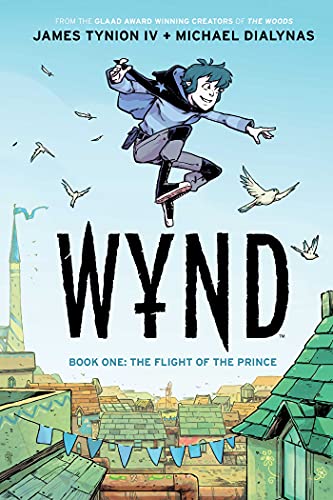Book cover: boy leaping through air above a colorful town.