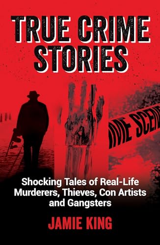 Book cover: "True Crime Stories" with a detective and fingerprint image.