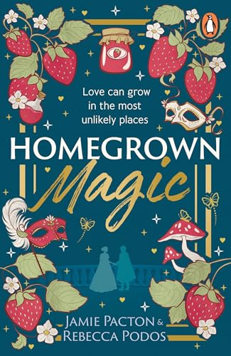Book cover with strawberries, masks, mushrooms, and two figures in silhouette.