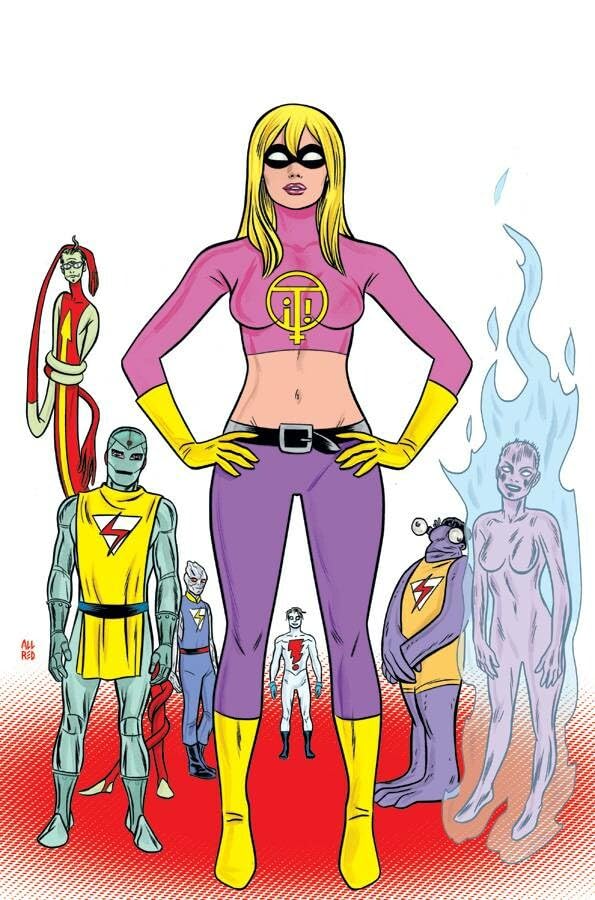 A blonde superheroine in a pink and purple costume stands surrounded by various aliens.