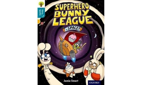 Book cover with cartoon bunnies in spaceships against a purple galaxy.