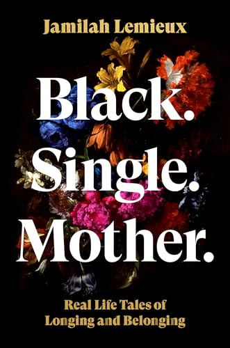 Book cover with bold text and a dark floral arrangement.