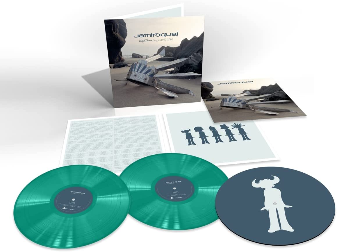 Jamiroquai’s green vinyl 2LP “High Times: The Singles” with cover art and inserts.