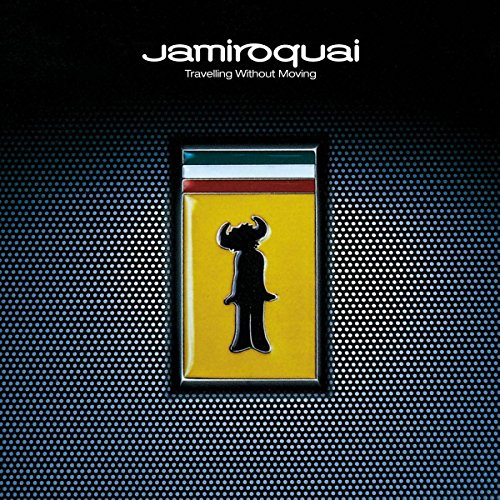 Jamiroquai Travelling Without Moving album cover featuring a stylized buffalo logo on yellow background.
