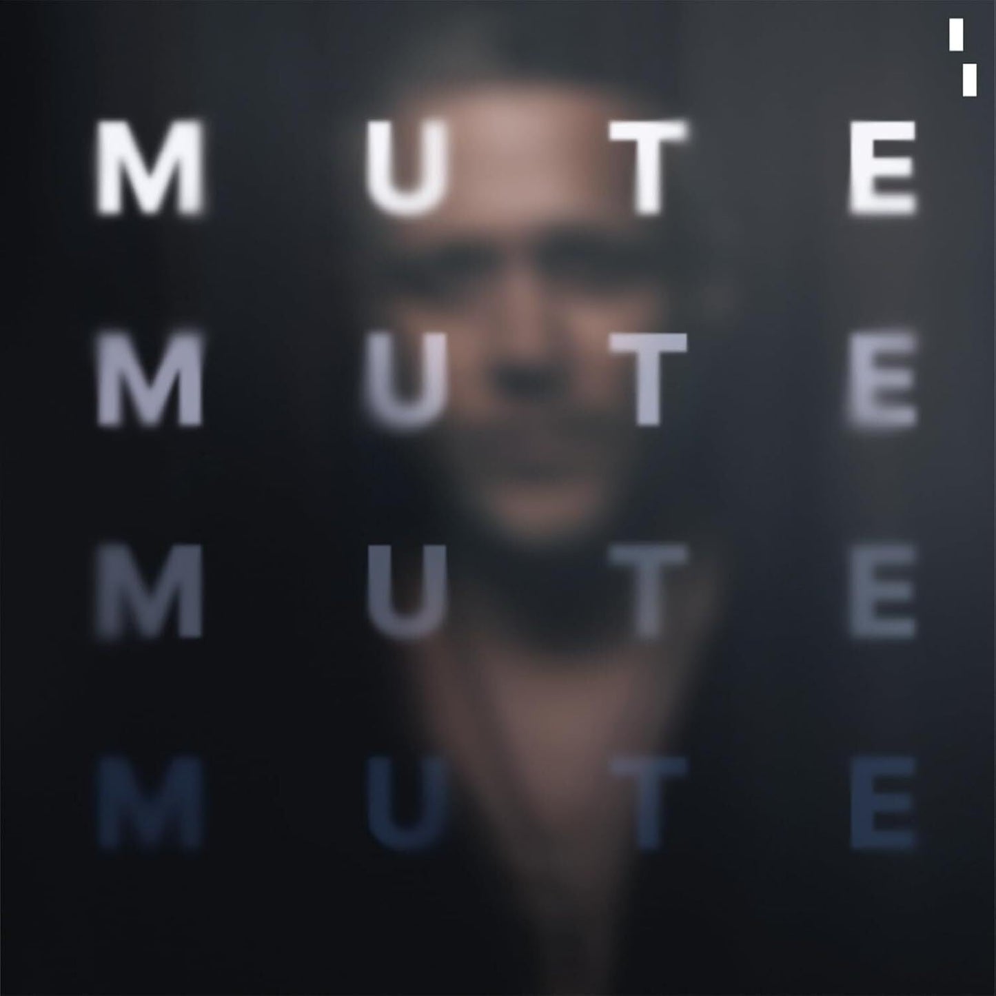 Dark album cover with repeated "MUTE" text and a blurred face.