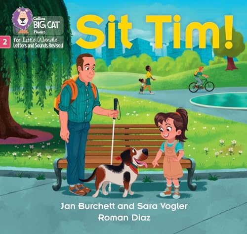 Children’s book cover: “Sit Tim!” depicts a man, girl, and dog in a park.