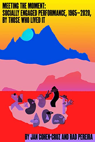 Book cover with abstract blue mountains, red base, and silhouetted figures.