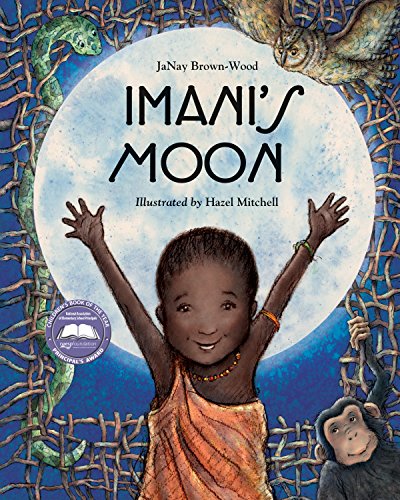 Book cover: child with raised arms, moon, monkeys, and vines.