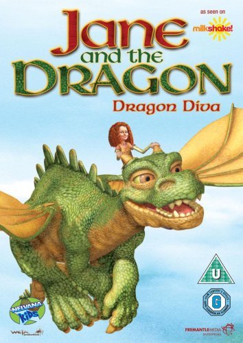 DVD cover: girl riding a green dragon, title "Jane and the Dragon".