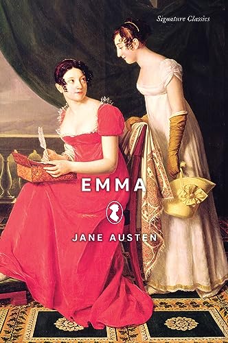 Book cover of "Emma" by Jane Austen, featuring two women in Regency dress.