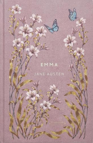 Book cover of Emma by Jane Austen featuring white lilies, gold stems, and blue butterflies.