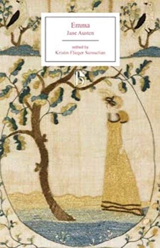 Book cover of "Emma" by Jane Austen with floral and figure design.