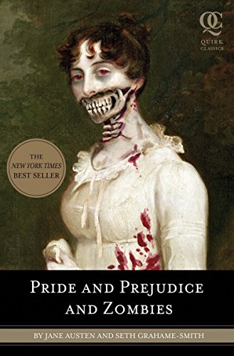 Zombie-fied woman in Regency dress on book cover, "Pride and Prejudice and Zombies.
