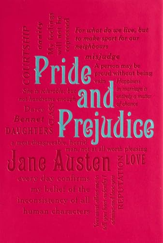 Book cover with Pride and Prejudice title in blue text on a red background.