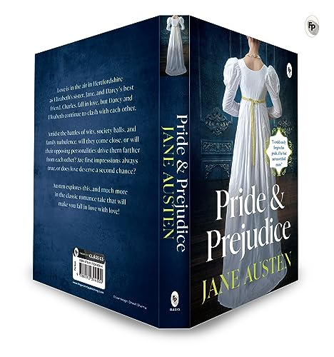 Book cover of Pride and Prejudice featuring a woman in a white Regency dress.