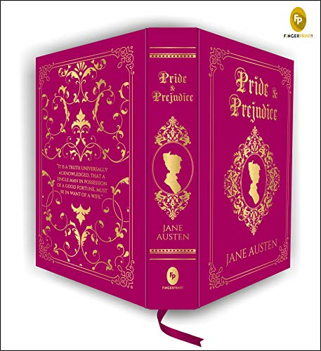 Bright pink "Pride & Prejudice" book with floral gold detailing and silhouette.
