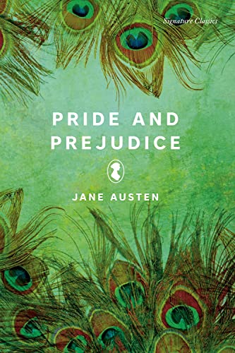 Book cover for Pride and Prejudice by Jane Austen featuring green peacock feather patterns.