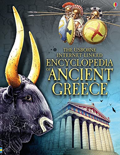 Book cover: “Encyclopedia of Ancient Greece” with bull, soldiers, and temple.