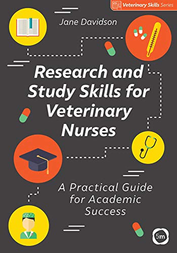 Book cover: "Research and Study Skills for Veterinary Nurses" with icons.