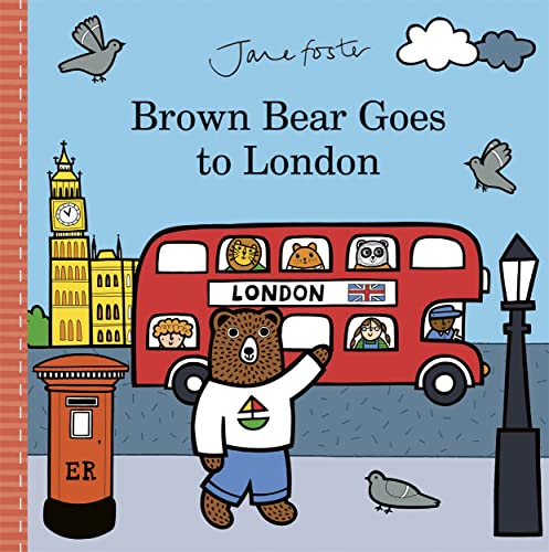 Brown bear and animals ride a red London bus past landmarks.