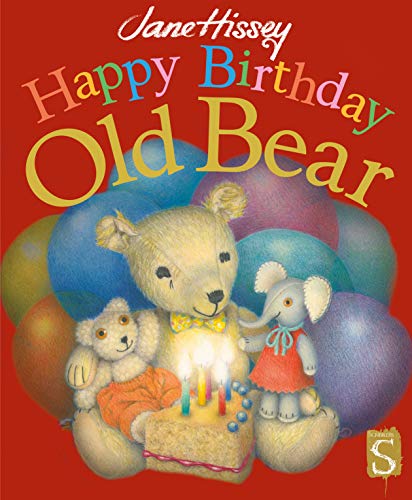 Book cover: teddy bear with birthday cake and balloons, red background.
