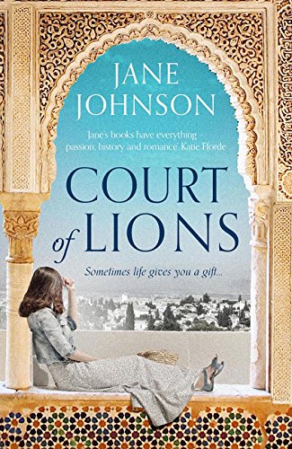 Book cover: “Court of Lions” with a woman looking at a cityscape.