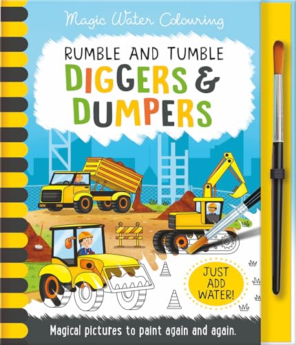 Rumble and Tumble Diggers and Dumpers magic water colouring book with an attached paintbrush.