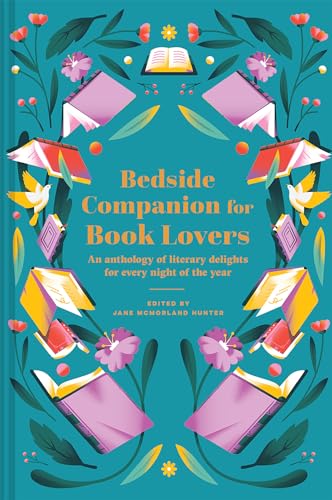 Book cover with open books, birds, and floral teal background.
