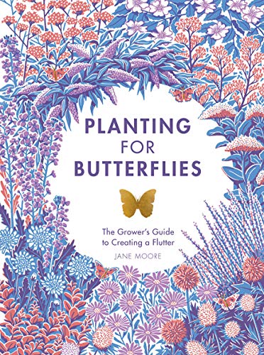 Book cover with floral wreath, butterfly, and title "Planting For Butterflies".