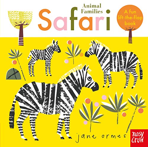 Yellow book cover with illustrated zebra family and safari trees.