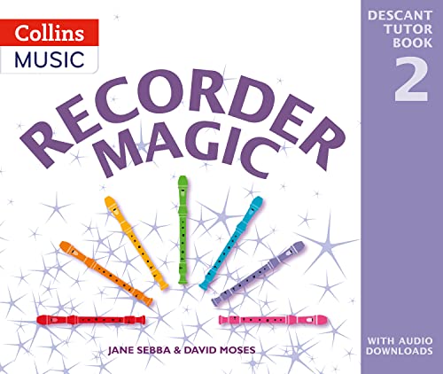 Cover of Recorder Magic Descant Tutor Book 2 featuring colorful recorders on star background.