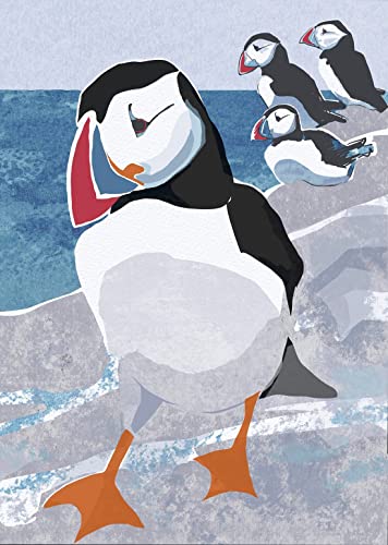 An illustration of a large puffin in the foreground with three smaller puffins behind.