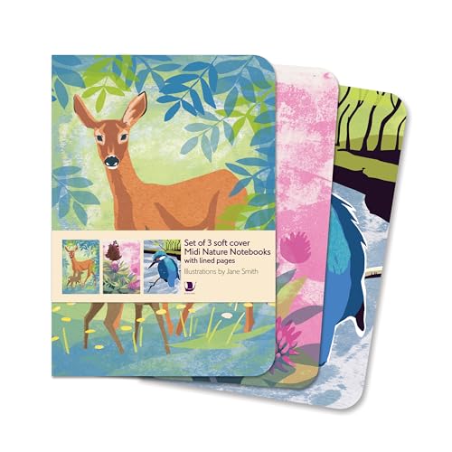 Three softcover notebooks featuring nature illustrations of a deer, flowers, and a bird.