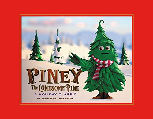 Cartoon pine tree with a scarf stands in a snowy landscape.