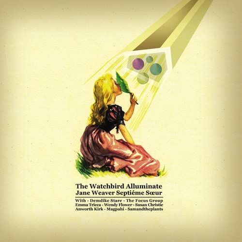 Album cover: woman looking up at a light with colorful orbs.