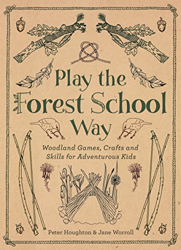 Book cover titled Play the Forest School Way with brown paper background and illustrations.