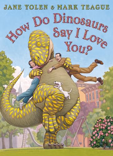 Book cover: a yellow dinosaur carrying a family and a dog.