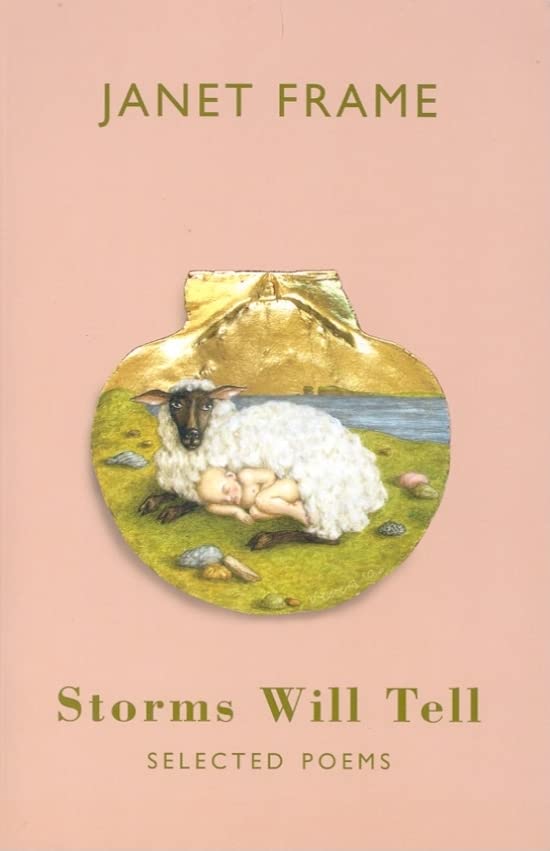 Book cover with pink background featuring a painting of a sheep and baby inside.
