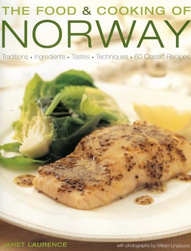 Cookbook cover featuring salmon with salad, titled “The Food & Cooking of Norway”.