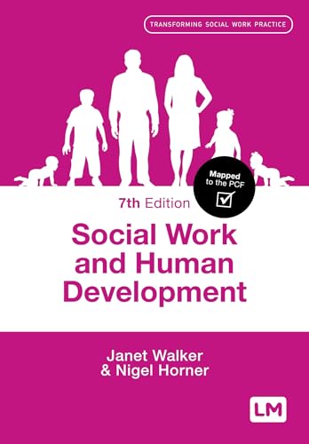 Purple textbook cover with silhouettes of a family, titled "Social Work and Human Development".